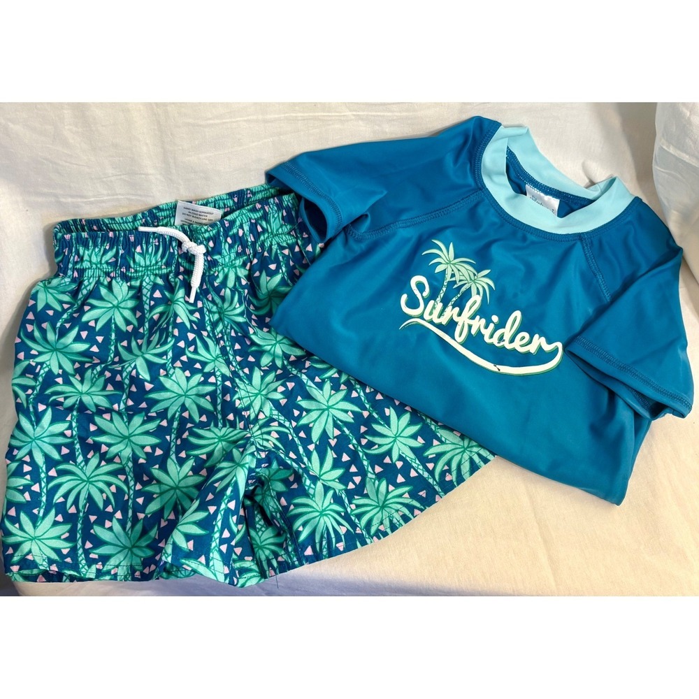 Floatimini Boys Blue Surfrider Rash Guard and Palm Tree Swim Trunks Set 4T - Picture 2 of 9